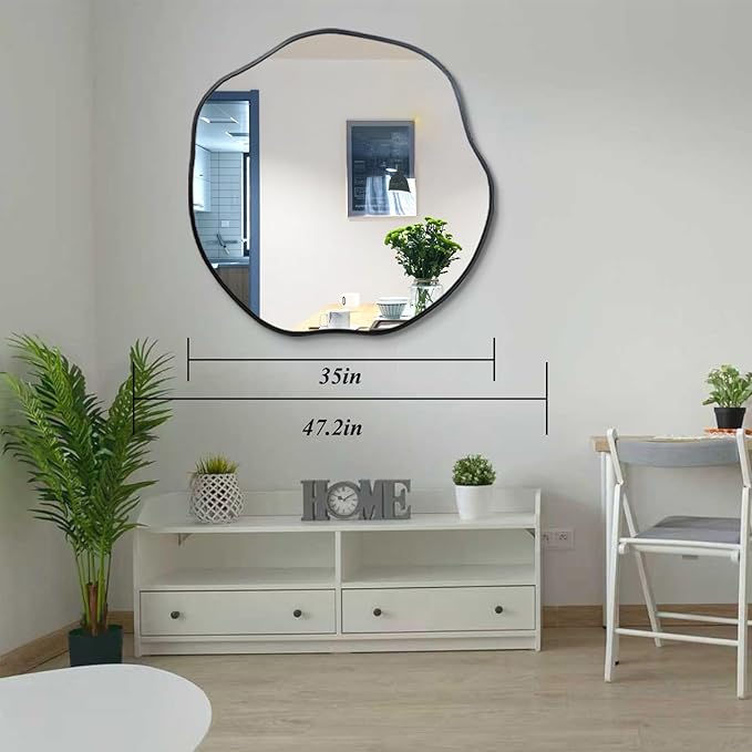 POZINO Irregular Mirror, 35" Large Asymmetrical Circle Mirrors, Black Scalloped Rounded Mirror, Modern Frameless Abstract Mirrors for Living Room Bedroom Bathroom Entryway Hallway Fireplace