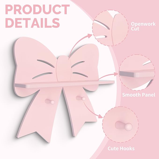 Bow Shaped Floating Shelf with Hooks - Cute Pink Wooden Wall Decor for Girls Nursery & Bedroom, Trinket Display Organizer