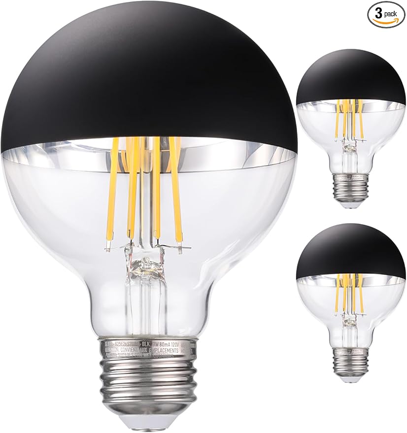TORCHSTAR Dimmable Half Chrome Light Bulb, 7W (75W Eqv.), Anti Glare LED Light Bulbs, UL Listed, E26 Black Dipped Bulb, G25 Globe Light Bulbs for Bathroom, Vanity, Mirror, 3000K Warm White, Pack of 3