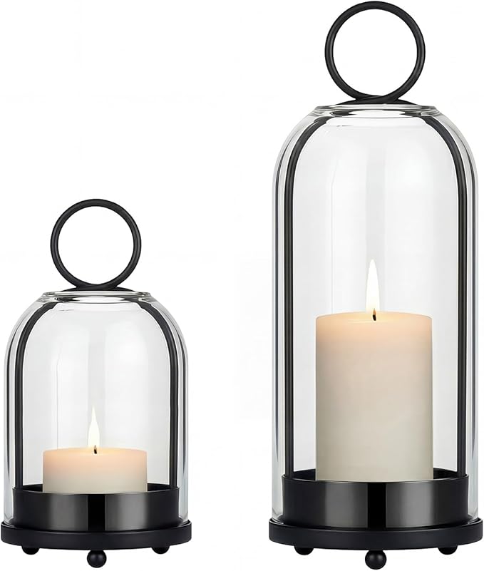 5"&4" Hurricane Glass Candle Holders, Hanging Black Metal Candle Holder for Pillar Candles Table Coffee Table Decor Interior Decoration