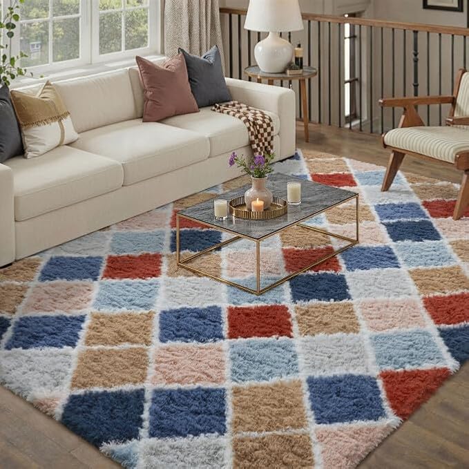 PureCozy 6x9 Checkered Rug for Living Room Rainbow Modern Soft Area Rug Fluffy Non-Slip Carpet for Bedroom Playroom Home Aesthetic Decor