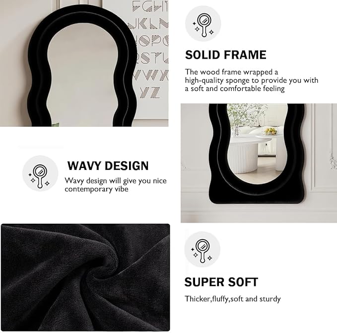 Dewfig Wavy Full Length Mirror with Stand, 63" x 24" Irregular Floor Mirror, Large Floor Length Mirror, Freestanding/Leaning/Wall Mounted, Flannel Wrapped Wooden Frame for Bedroom/Living Room, Black