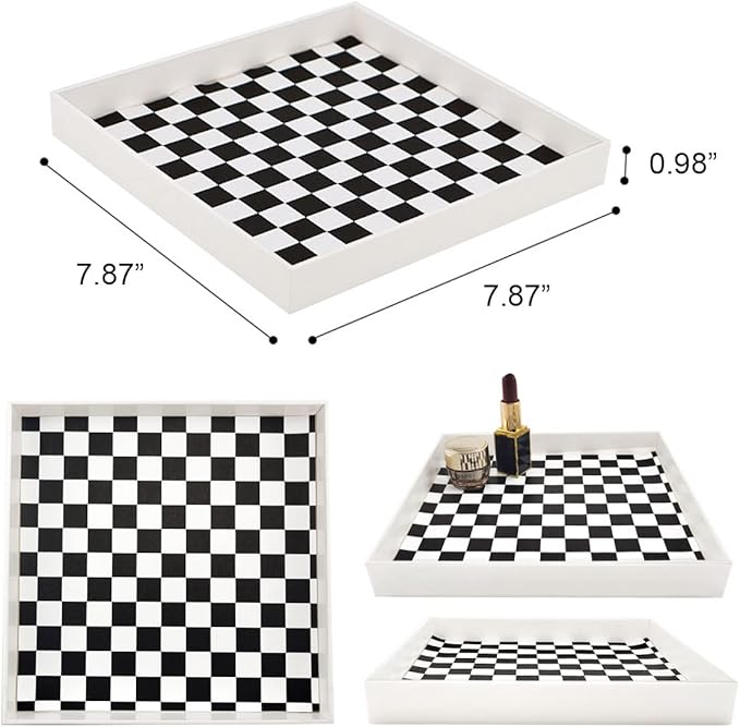 Ciandid Checkered Decorative Tray - Checkerboard Jewelry and Aromatherapy Reed Diffuser Vanity for Bathroom, White Dresser Organizer for Makeup and Perfume