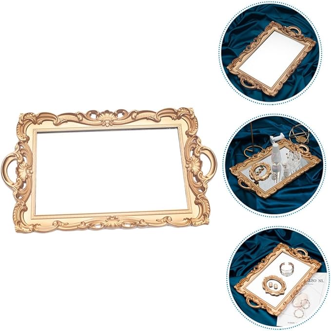 Vintage Golden Mirror Makeup Tray European Style Cosmetics Organizer for Perfume Storage Decorative Vanity Tray for Home Party and Dresser Display