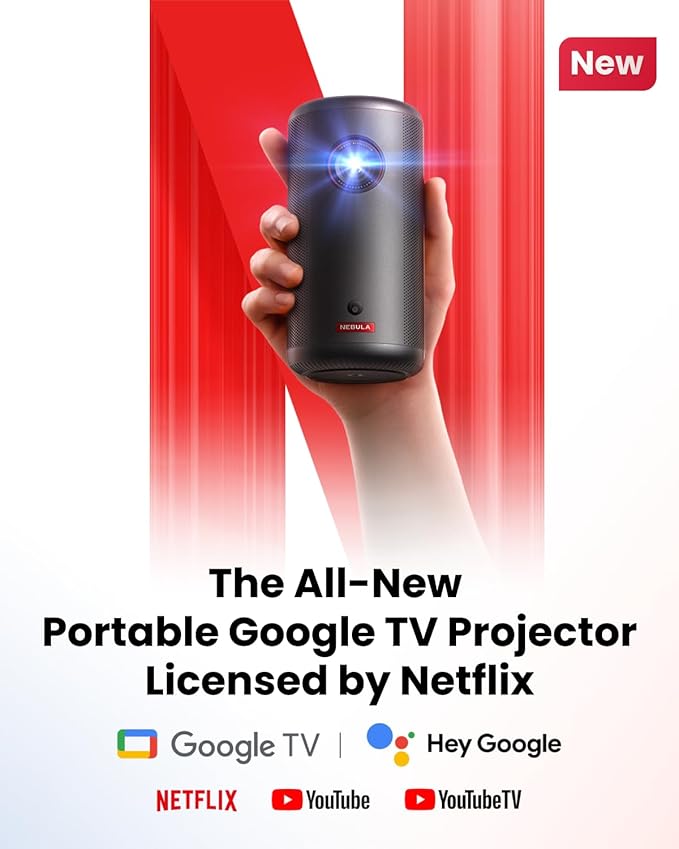 NEBULA Capsule 3 GTV Portable Mini Projector, Netflix Officially Licensed, 1080P Smart Projector with Wi-Fi, 2.5 hrs Battery, 120-Inch Display, Dolby Digital, for Any Space