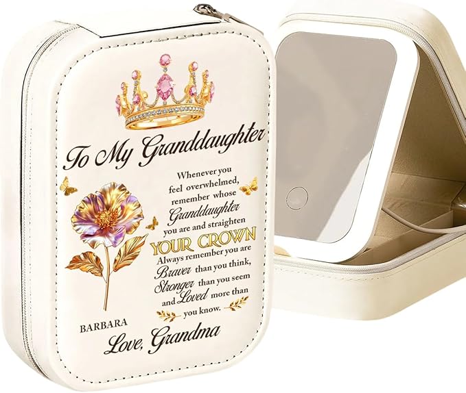 Straighten Your Crown - Personalized Custom Jewelry Box With LED Mirror - Remember Whose Granddaughter You Are Encouragement Jewelry Box, Appreciation Thank You Gifts for Granddaughter on Christmas