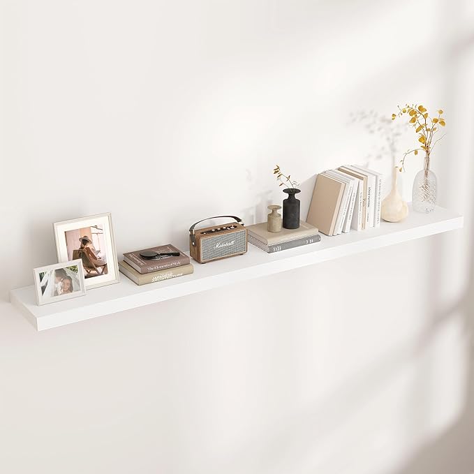 Venusmiles Floating Shelves for Wall, Engineered Wood Wall Shelves with Invisible Brackets for Living Room Bedroom Bathroom Office Kitchen Decor and Storage (White, 72" W x 9" D x 1.5" H) Set of 1