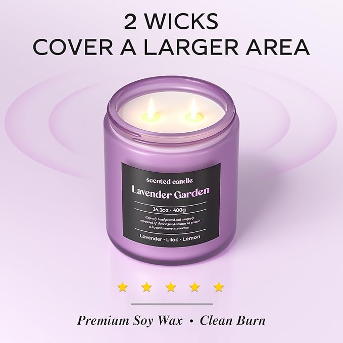CHILLFLAME Lavender Candle, 14.1 oz Scented Candles for Home, 2 Wicks Blended Scents Aromatherapy Candles for Women and Men, Birthday Gifts for Women (Lavender+Lilac+Lemon)