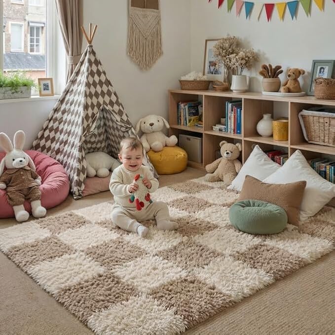 PureCozy Checkered Rug 4x6 for Living Room, Modern Neutral Shag Rug Super Soft Washable Fluffy Rugs Indoor Fuzzy Carpet for Bedroom Home Dorm Aesthetic Decor