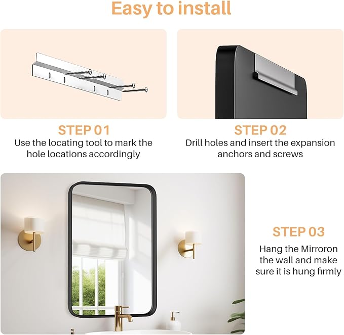 Bathroom Mirror for Wall, 40x30 Inch Rounded Rectangle Mirror, Black Metal Framed Bathroom Vanity Mirror for Restroom Farmhouse, Anti-Rust, Tempered Glass, Horizontally or Vertically Hanging