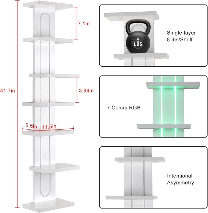 Homaterial 7-Tier RGB Floating Shelves for Gaming Room & Display, Unique Asymmetrical Wall Shelves with Lights & Remote, Vertical Lack Shelf for Collectibles, Room Decor, White