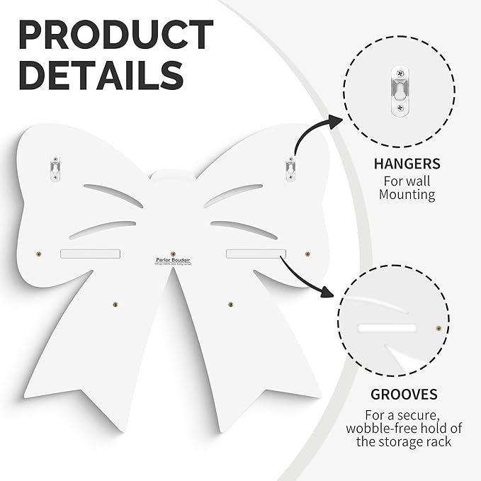 Bow Shaped Floating Shelf with Hooks - Cute White Wooden Wall Decor for Girls Nursery & Bedroom, Trinket Display Organizer