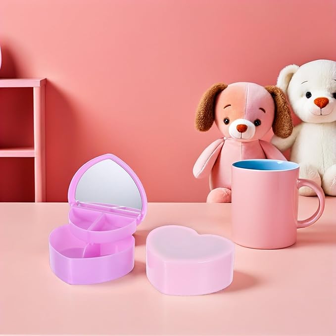 2pcs Heart-shaped Jewelry Box with Double-layer Plastic Organizer and Makeup Mirror, Small Trinket Storage Case for Hair Accessories and Teen Jewelry, Pink and Light Purple