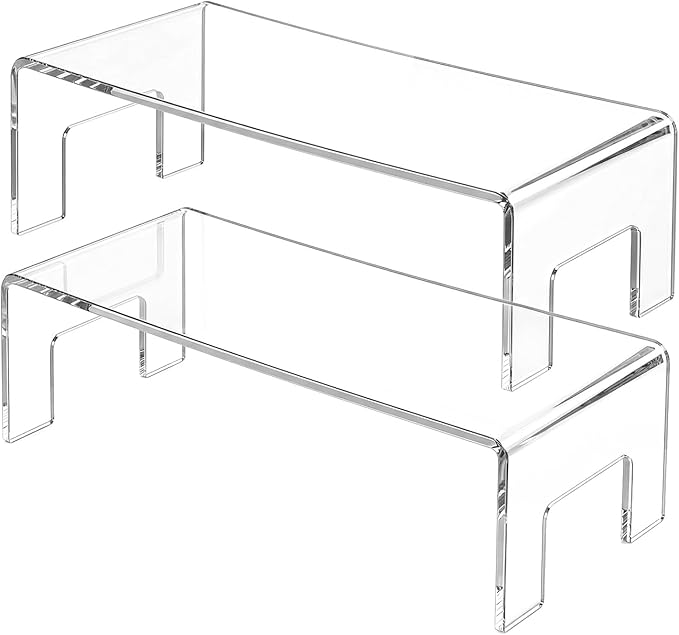 QWORK Clear Acrylic Display Risers Stand, 2 Pack 5mm Thick Transparent Showcase Shelves for Dessert Cupcakes Perfume Toys Cosmetics Jewelry Collectibles, 12x5x3.3 Inch Display Shelf