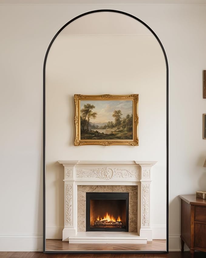 Antok Full Length Mirror, 46"x86" Floor Mirror with Stand, Hanging Mounted Mirrors for Bedroom, Living Room, Cloakroom, Dining Room, Black, Arched