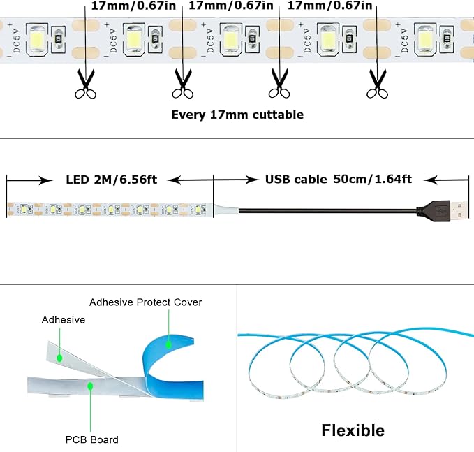 USB LED Strip Light Warm White 3000K 5V USB Powered 13.12ft/4M 240LEDs Flexible SMD2835 High Brightness No-Waterproof IP20 LED Tape Lights(2pcs x 6.6ft)
