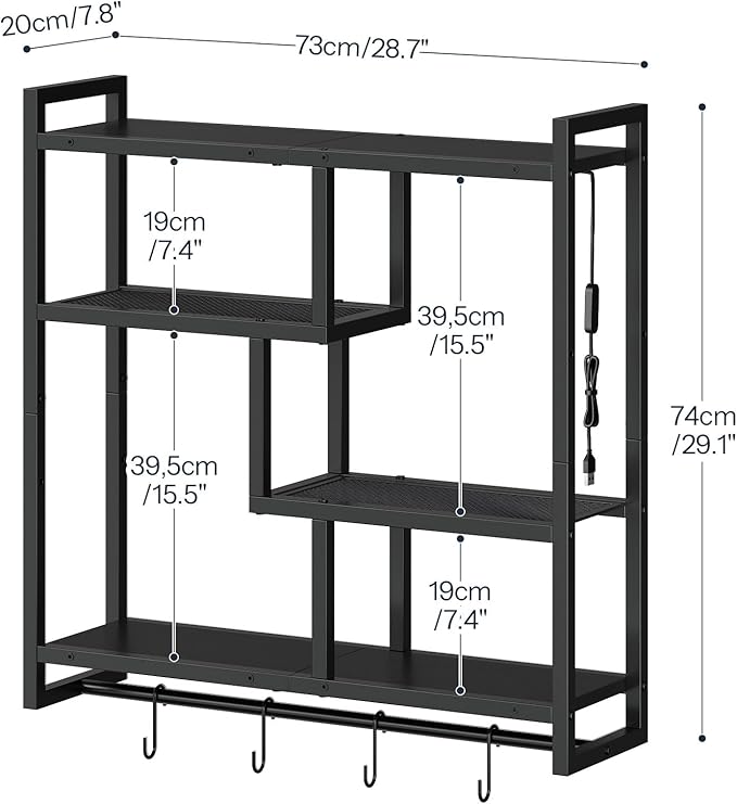 HOOBRO Gaming Floating Shelves with LED Lights, 28.7" LED Wall Mounted Shelf, 4-Tier Floating Wall Shelf for Storage, Display Rack with Hanging Bar and 4 S Hooks, for Gaming Room, Black BB37DBJ01