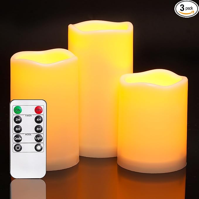 Homemory 3 Pack Flameless Candles, Outdoor Waterproof, Battery Operated LED Pillar Candles with Remote Control and Timer, Plastic, Long Lasting，4”5”6”
