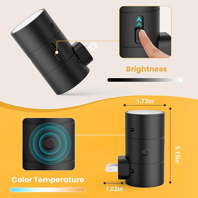 VOLISUN Night Lights Plug into Wall, Dimmable LED Nightlight with Dusk to Dawn Light Sensor, 0-100LM Adjustable Brightness, 3 Color Temperatures, Compact Size Black 6 Pack for Hallway,Bedroom,Bathroom