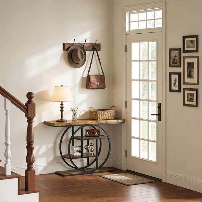 Entryway Table for Foyer,47.2 Inch Industrial Narrow Console Table,Accent Decor Living Room Furniture,Hallway & Sofa Table for Entrance,4-Tier Storage Shelves,Metal Frame,Thick Wood Top