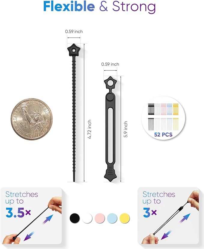 52 Pack Silicone Cable Ties, Reusable Star Design Cord Organizer Straps in 2 Styles, Durable & Stretchable Wire Management for Home, Office, Travel (Black&White)