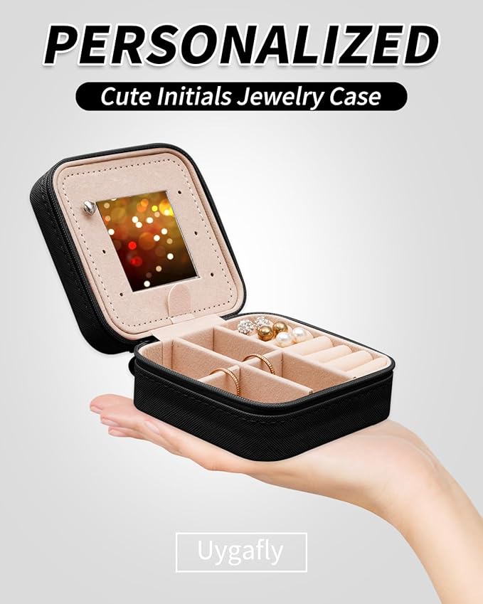 Uygafly Personalized Jewelry Case for Women Girls - Fashion Mini Jewelry Boxes - Trendy Travel Jewelry Organizer with Initials Letter - Teen Gifts | Black,O