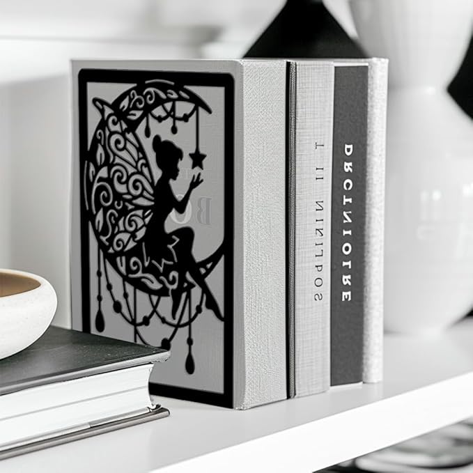 Peacoblue Metal Bookends for Shelves, Modern Decorative Heavy Duty Study Book Ends Stoppers for Office, Desk, Shelf, Room 5.3"x4.3"x7.9" Cast Iron Simple Tall Bookends 1 Pair (Moon and Fairy)