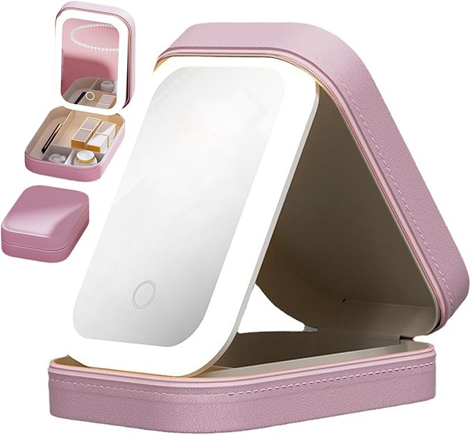 Adjustable Brightness Travel Makeup Case with LED Lighted Mirror Compact Small Organizer Bag with Divided Storage for Makeup and Jewelry Portable Rechargeable Vanity Box for Women