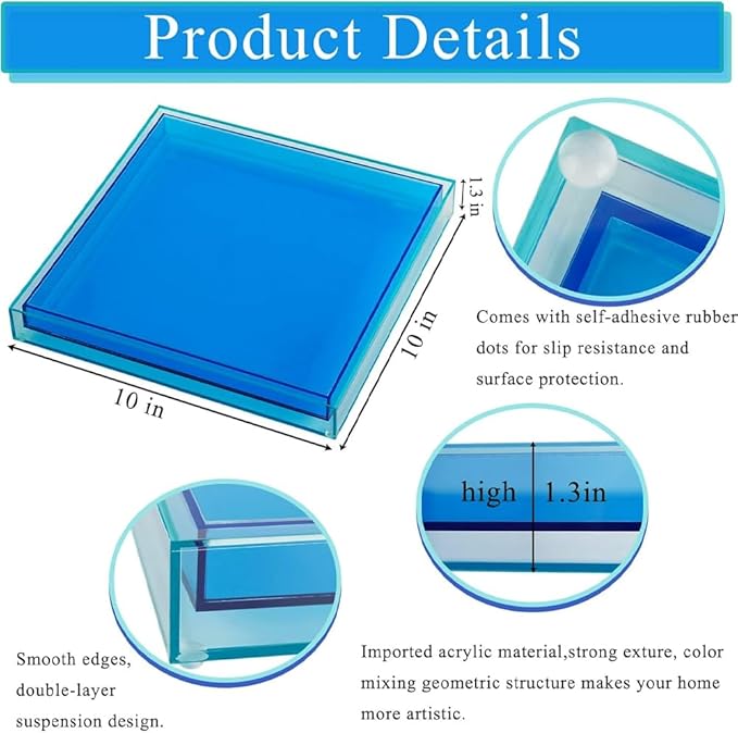 Creative Acrylic Decorative Tray, 10"x10" Modern Decorative Trays Jewelry Perfume Makeup Organizer Clear Square Bathroom Sink Vanity Tray for Bathroom, Vanity, Serving, Coffee Table, Living Room