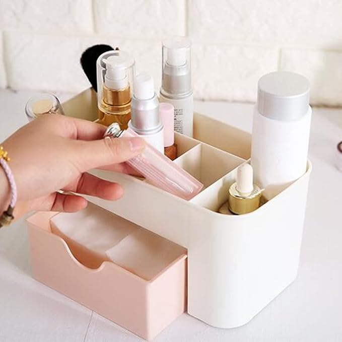 6 Compartments Cosmetics Makeup Organizer Cosmetic Storage Box with Drawer Multifunctional Makeup Desk Organizer for Home Bathroom(Pink)