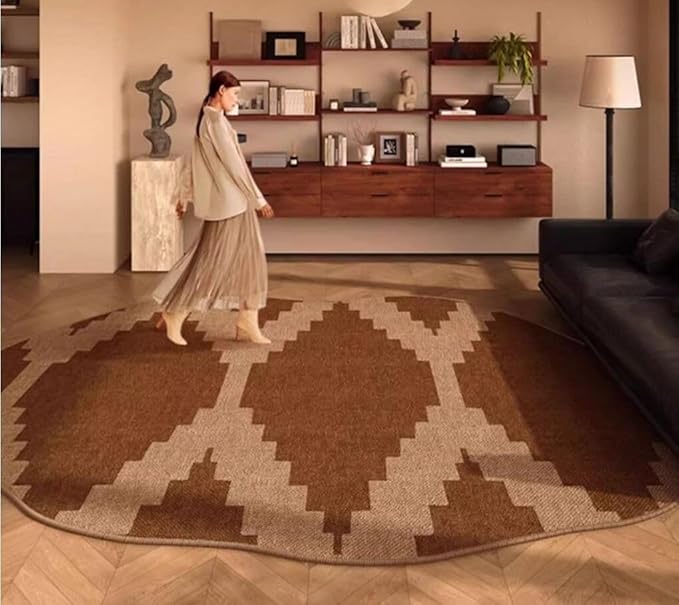 Camel Brown Geometric Patterns Irregular Shaped Area Rug for Living Room Guestroom Playroom Machine Washable Pet Friendly Carpet 3x5 Unique Designer Rug Retro Home Office Nursery Non Skid Floor Rugs