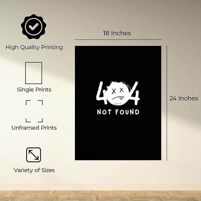 InkFlow Posters Not Found Poster - Minimal Error Face Illustration - Modern Abstract Graphic Design - Trendy Home Wall Decor Accent - Statement Art Print - 18x24 Unframed Canvas Print