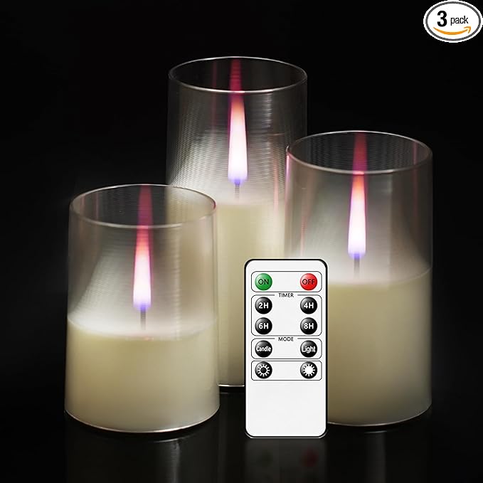 kakoya Flameless Candles Upgraded Realistic Flickering Flame,Battery Operated LED Candles with Remote Timers,Acrylic Electric Candles Set of 3(D 3" xH 4" 5" 6")（Ivory）
