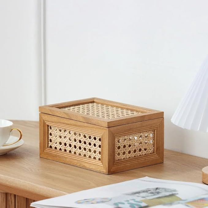 Natural Rattan & Wood Oblong Desktop Decorative Storage Box (Home Decor Series)
