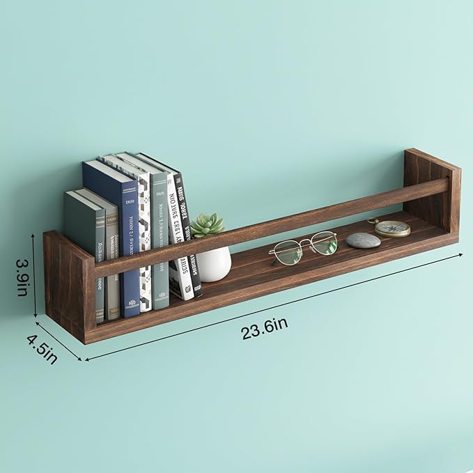 Fixwal Nursery Book Shelves, 23.6 Inch Floating Bookshelves for Wall Set of 4, Baby Nursery & Playroom Decor, Solid Wood Wall Mounted Shelves for Books and Toys Storage (Brown)