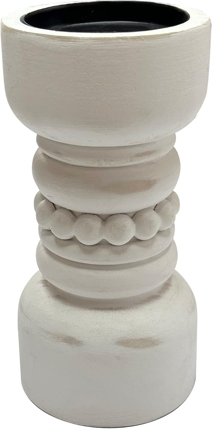 dwellington Farmhouse Rustic Wood Pillar Candle Holder, Decorative Beaded Candlestick Holder Stand for Home Decor, Gifts, Wedding (White)