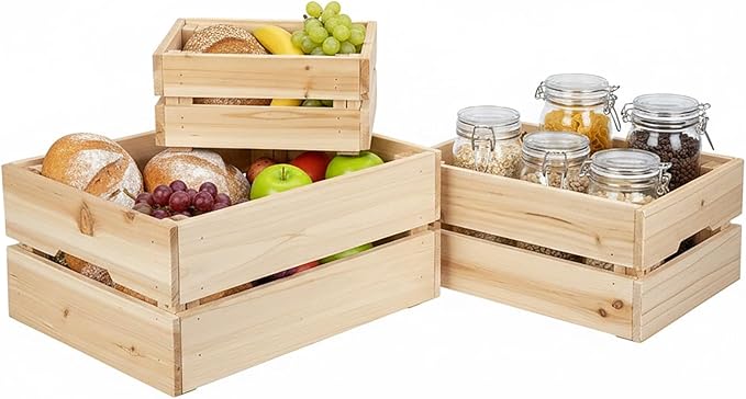 Oairse Set of 3 Rustic Wooden Storage Crates - Vintage Wood Storage Boxes with Handle for Home Organization Wooden Container Boxes Wood Baskets for Display Kitchen Pantry Cabinet, Shelf, Counter