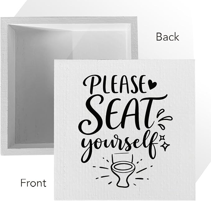 Funny Rustic Bathroom Decor Wooden Box Sign 5x5 Inch - "PLEASE SEAT yourself" Humorous Restroom Shelf Table Decor, Farmhouse Style Wall Countertop Ornament for Home Guest Bathroom Housewarming Gift
