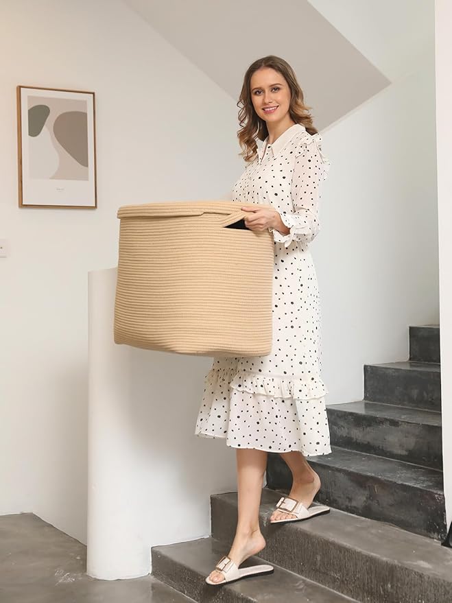 22"x14"x18" Rectangular Extra Large Storage Basket With Lid, Large Cotton Rope Storage Basket, Woven Laundry Hamper, Cloth Storage Bin, for Clothes Towels Blankets in Living Room, All Beige