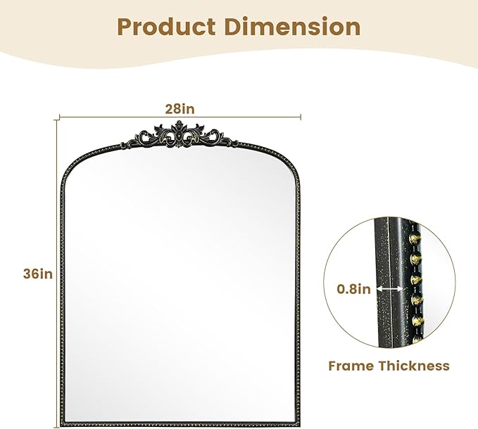 WallBeyond Black Vintage Mirror for Vanity 28x36 Inch, Black Antique Mirror with Ornate Frame, Arched Vintage Wall for Bathroom, Living Room, Fireplace, Entryway