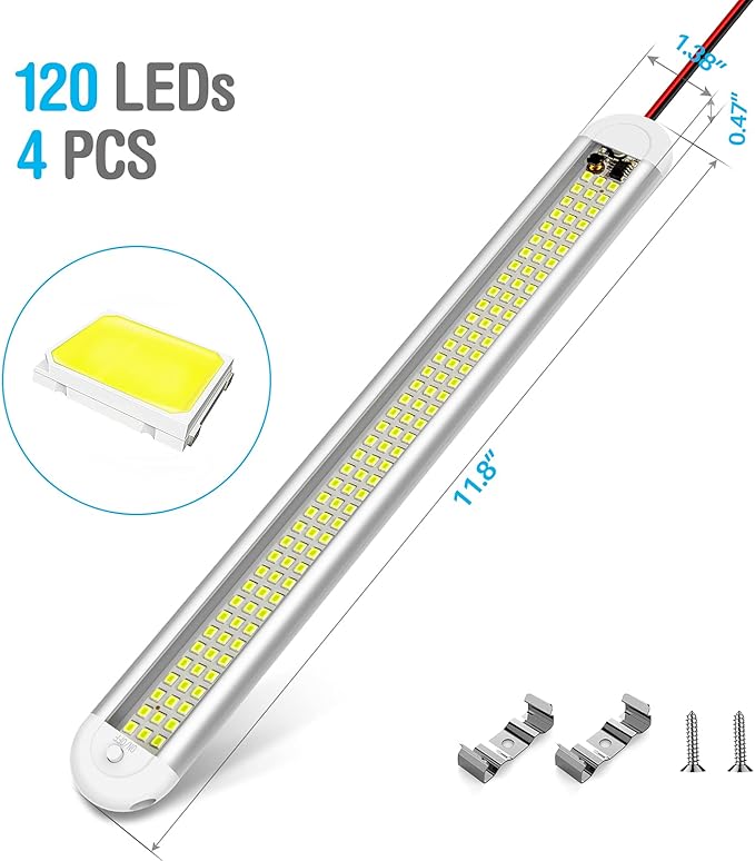 12v LED Interior Light Bar，CT CAPETRONIX 120LEDs 1500LM 8W DC 12 Volt led Strip Lights with ON/Off Switch，for Enclosed Cargo Trailer, Car RV Van Truck Lorry Camper Boat Caravan Motorhome (4Pack)
