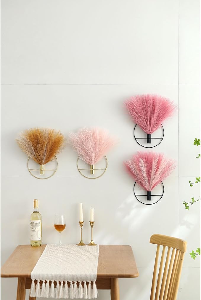 Pretty Jolly Boho Wall Decor - Hanging Artificial Pampas Display for Living Room, Bedroom, Bathroom, Dining Room - Wall-Mounted Metal Plant Art, 2 Pack, Ice Pink, Dark Pink, Black
