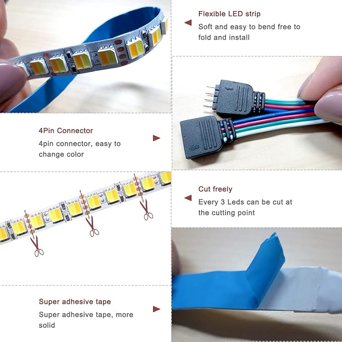 12V 2 in 1 LED Strip Lights, 16.4ft CCT Cold White + Warm White, Color Temperature Adjustable (2800K to 6500K) Light Strips IP20 Total 600 LEDs for Bedroom, Kitchen, Advertising Decoration