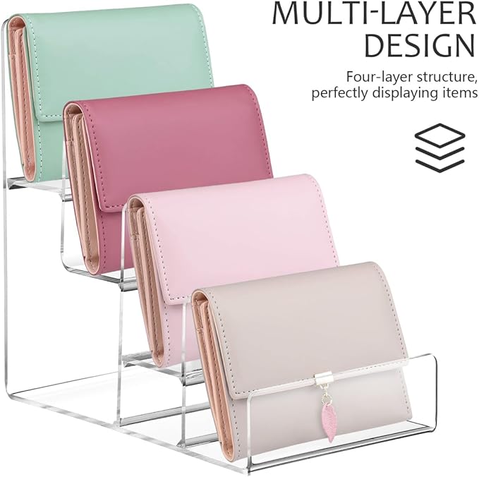 DOITOOL 4-Tier Wallet Display Stand Acrylic Purse Organizer Handbag Purse Stands Jewelry Riser Acrylic Display Shelf for Perfume Jewelry Sunglasses Handbag
