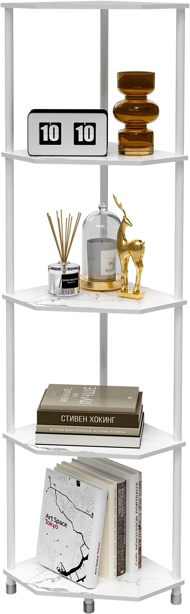 5-Tier Corner Shelf Stand Marble White 50.2" Bathroom and Kitchen Corner Shelves for Small Spaces Organization & Storage Kitchen Decor Accessories