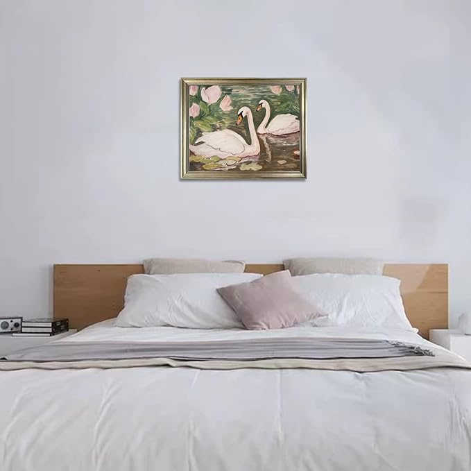 Vintage Framed Swan Decor Wall Art Pink and Green Girls Room Decor Girly Office Canvas Print Painting