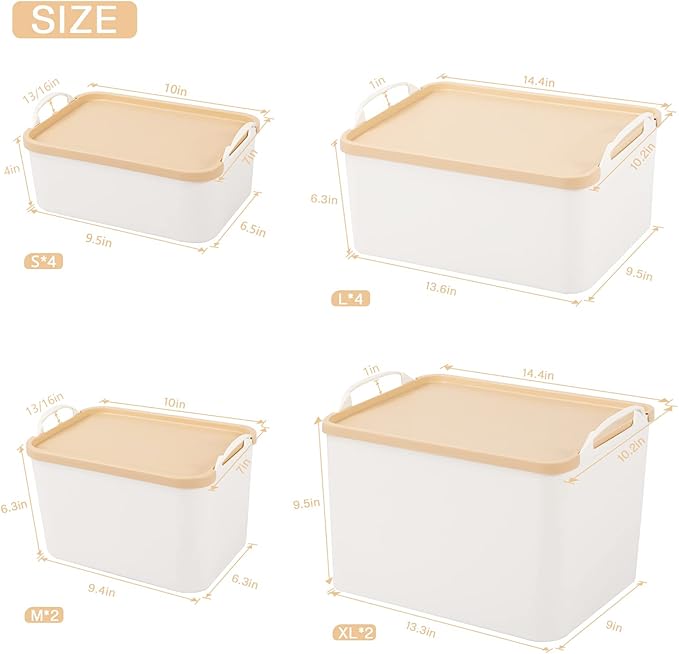 ANMINY 12PCS Plastic Storage Bins Containers with Lids, Large Storage Organization Bins Boxes, Lidded Plastic Storage Baskets for Closet Shelves Desktop, Wheat Lids, 2XL + 4L + 2M + 4S