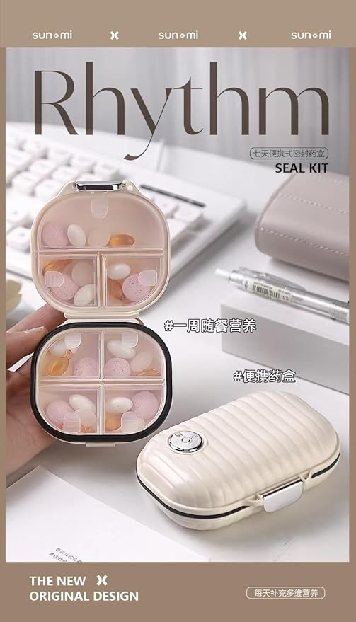 Goshentech Pill Organizer Case with Lock, Compartmentalized Dispenser for Men and Women, Beige(Small Milk White)