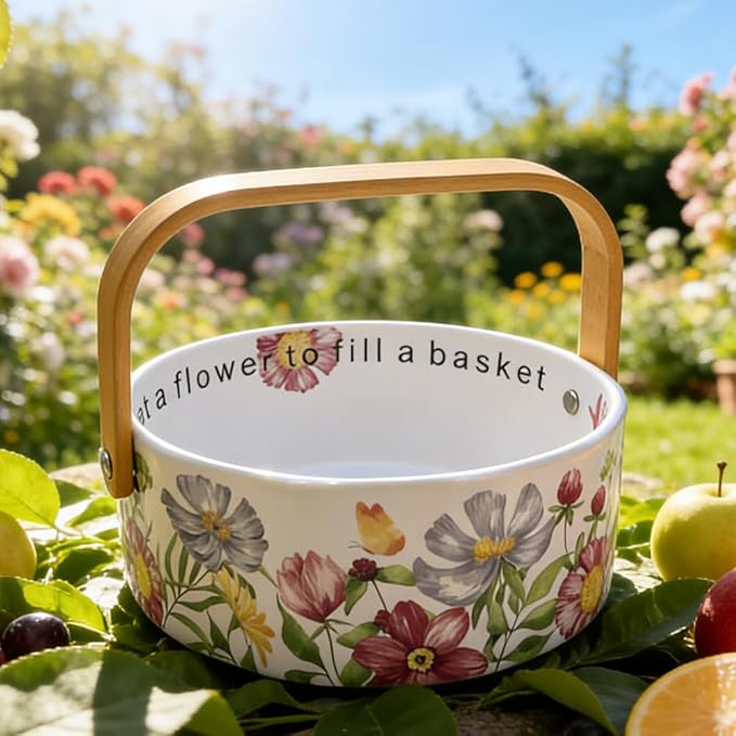 Ceramic Fruit Bowl with Detachable Wooden Handle Candy Dish Decorations Ornaments Decorative Bowl Birthday & Thank You Gifts(Magenta Flowers and Butterflies)
