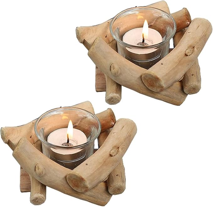 Sziqiqi Handmade Wooden Tea Light Candle Holder with Glass Cup Rustic Country Coastal Style for Farmhouse Home Decoration Seaside Decor Holoday Wedding Decoration Pack of 2
